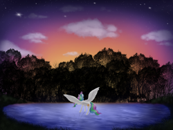 Size: 500x375 | Tagged: safe, artist:honiibree, imported from derpibooru, princess celestia, alicorn, pony, cloud, face not visible, facing away, female, glowing horn, horn, lake, mare, scenery, sky, solo, spread wings, stars, sunset, tree, water, wings