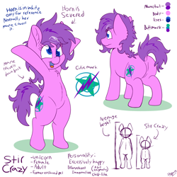 Size: 2000x2000 | Tagged: safe, artist:skoon, imported from derpibooru, oc, oc only, oc:stir crazy, pony, unicorn, bipedal, colored, female, flat colors, reference sheet, simple background, solo