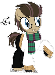 Size: 682x932 | Tagged: safe, artist:bluedinoadopts, imported from derpibooru, oc, oc only, oc:time liz, earth pony, pony, clothes, female, fingerless gloves, glasses, gloves, grin, jeans, mare, pants, raised hoof, scarf, simple background, smiling, solo, sweater, transparent background