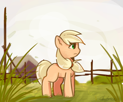 Size: 1200x1000 | Tagged: safe, artist:whiskyice, imported from derpibooru, applejack, earth pony, pony, countryside, female, fence, grass, hatless, mare, missing accessory, missing cutie mark, profile, solo