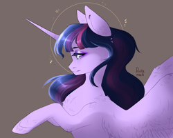 Size: 1280x1024 | Tagged: safe, artist:kilka-chan-yana, imported from derpibooru, twilight sparkle, alicorn, pony, brown background, bust, chest fluff, cute, ear fluff, female, leg fluff, lidded eyes, mare, profile, simple background, solo, spread wings, twiabetes, twilight sparkle (alicorn), wing fluff, wings