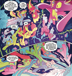 Size: 1171x1232 | Tagged: safe, artist:andypriceart, idw, imported from derpibooru, applejack, fluttershy, pinkie pie, rainbow dash, rarity, spike, twilight sparkle, alicorn, dragon, earth pony, pegasus, pony, reflections, spoiler:comic, spoiler:comic18, armpits, backpack, comic, female, interdimensional travel, magic, male, mane seven, mane six, mare, nauseous, official comic, psychedelic, racism, speech bubble, twilight sparkle (alicorn)