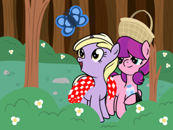 Size: 1024x768 | Tagged: safe, artist:dinkyuniverse, imported from derpibooru, dinky hooves, lily longsocks, butterfly, earth pony, pony, unicorn, basket, calm, dinkily, female, filly, foal, forest, lesbian, peaceful, picnic, picnic basket, picnic blanket, shipping, stroll, trash bag, water bottle