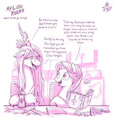 Size: 2062x2205 | Tagged: safe, artist:jowyb, artist:jowybean, imported from derpibooru, queen chrysalis, starlight glimmer, changeling, changeling queen, parasprite, pony, unicorn, series:my little roomie, book, dialogue, drink, duo, female, food, high res, kitchen, magic, mare, monochrome, open mouth, parabites, roommates, simple background, straw, telekinesis, this will not end well, white background