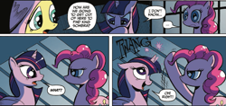 Size: 1171x552 | Tagged: safe, artist:andypriceart, idw, imported from derpibooru, fluttershy, pinkie pie, twilight sparkle, alicorn, earth pony, pegasus, pony, reflections, spoiler:comic, spoiler:comic18, comic, cropped, female, horn, horn flick, mare, official comic, pinkie pie is not amused, speech bubble, twilight sparkle (alicorn), unamused