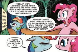 Size: 775x522 | Tagged: safe, artist:andypriceart, idw, imported from derpibooru, pinkie pie, rainbow dash, pony, reflections, spoiler:comic, spoiler:comic19, comic, cropped, duo, female, mare, narrowed eyes, official comic, smiling, speech bubble