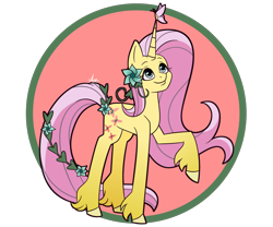 Size: 1200x1000 | Tagged: safe, artist:spaded aces, imported from derpibooru, fluttershy, butterfly, pony, unicorn, leak, spoiler:g5, butterfly on horn, female, flower, flower in hair, fluttershy (g5 concept leak), fluttershy (g5), g5, g5 concept leak style, g5 concept leaks, horn, looking at something, looking up, raised hoof, redesign, simple background, smiling, solo, three quarter view, unicorn fluttershy, unshorn fetlocks, vine