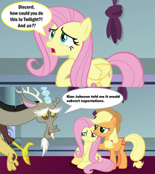 Size: 2000x2246 | Tagged: safe, edit, edited screencap, imported from derpibooru, screencap, applejack, draconequus, pony, the ending of the end, angry, caption, comic, crying, discord tries to defend himself, exploitable meme, image macro, meme, rian johnson, sad, screencap comic, speech bubble, subverting expectations, teary eyes, text