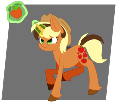 Size: 500x438 | Tagged: safe, artist:spaded aces, imported from derpibooru, applejack, pony, unicorn, leak, spoiler:g5, apple, applejack (g5 concept leak), applejack (g5), female, food, g5, g5 concept leak style, g5 concept leaks, glowing horn, hat, horn, magic, magic aura, multicolored hair, multicolored mane, multicolored tail, redesign, simple background, solo, telekinesis, unicorn applejack