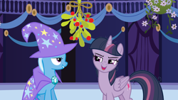 Size: 1920x1080 | Tagged: safe, edit, imported from derpibooru, mean twilight sparkle, trixie, pony, friendship is magic, the mean 6, christmas, female, holiday, lesbian, mean twixie, mistleholly, shipping, town hall, twixie