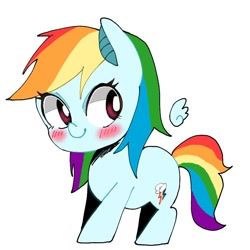 Size: 768x768 | Tagged: safe, artist:destroyer_aky, imported from derpibooru, rainbow dash, pegasus, pony, blushing, chibi, cute, dashabetes, female, floating wings, mare, simple background, smiling, solo, white background, wings