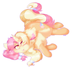 Size: 2300x2120 | Tagged: safe, artist:vanillaswirl6, imported from derpibooru, oc, oc:sunrise, pony, unicorn, :p, art trade, female, fluffy, hair accessory, on side, side, simple background, solo, tongue out, transparent background