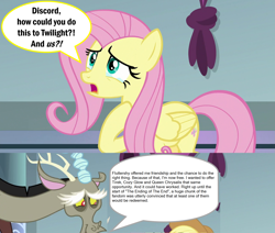 Size: 1995x1689 | Tagged: safe, edit, edited screencap, imported from derpibooru, screencap, applejack, discord, fluttershy, draconequus, earth pony, pegasus, pony, the ending of the end, applejack's hat, cowboy hat, discord tries to defend himself, exploitable meme, female, hat, male, mare, meme