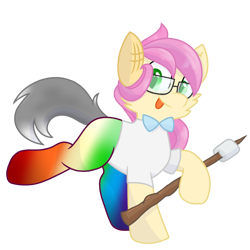 Size: 1200x1200 | Tagged: safe, artist:rainbow eevee, imported from derpibooru, oc, oc only, oc:dcbud, pony, wolf, 2020 community collab, derpibooru community collaboration, bowtie, colored pupils, cute, female, filly, food, glasses, looking at you, marshmallow, s'mores, simple background, smores, solo, stick, tongue out, transparent background