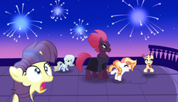 Size: 4208x2432 | Tagged: safe, artist:velveagicsentryyt, imported from derpibooru, tempest shadow, oc, oc:beautiful magic, oc:shine brine, oc:starling, oc:sunlay, pony, unicorn, female, filly, fireworks, offspring, parent:fire streak, parent:prince blueblood, parent:starlight glimmer, parent:sunburst, parent:sunset shimmer, parent:trixie, parents:bluetrix, parents:cometdancer, parents:starburst, parents:sunsetstreak