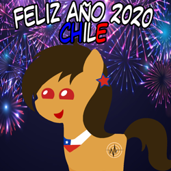 Size: 960x960 | Tagged: safe, artist:archooves, imported from derpibooru, oc, oc only, oc:chilenia, earth pony, pony, 2020, chile, female, fireworks, happy new year, holiday, mare, nation ponies, open mouth, pointy ponies, ponified, smiling, solo, spanish