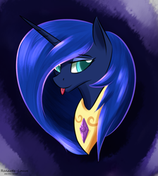 Size: 1147x1280 | Tagged: safe, artist:renarde-louve, imported from derpibooru, princess luna, pony, accessory swap, alternate hairstyle, bust, gradient background, looking at you, peytral, tongue out