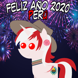 Size: 960x960 | Tagged: safe, artist:archooves, imported from derpibooru, oc, oc only, oc:princess peruvia, alicorn, pony, 2020, alicorn oc, female, fireworks, happy new year, hat, holiday, horn, mare, nation ponies, peru, pointy ponies, ponified, smiling, solo, spanish