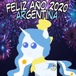 Size: 960x960 | Tagged: safe, artist:archooves, imported from derpibooru, oc, oc only, oc:princess argenta, alicorn, pony, 2020, alicorn oc, argentina, female, fireworks, happy new year, holiday, horn, mare, nation ponies, pointy ponies, ponified, smiling, solo, spanish