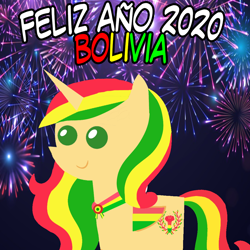 Size: 960x960 | Tagged: safe, artist:archooves, imported from derpibooru, oc, oc only, oc:kantuta (miski' hooves), alicorn, pony, 2020, alicorn oc, bolivia, female, fireworks, happy new year, holiday, horn, mare, nation ponies, pointy ponies, ponified, smiling, solo, spanish