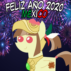 Size: 960x960 | Tagged: safe, artist:archooves, imported from derpibooru, oc, oc only, oc:tailcoatl, pegasus, pony, 2020, female, fireworks, happy new year, holiday, mare, mexico, nation ponies, pointy ponies, ponified, smiling, solo, spanish