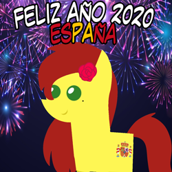 Size: 960x960 | Tagged: safe, artist:archooves, imported from derpibooru, oc, oc only, oc:olé españa, earth pony, pony, 2020, female, fireworks, happy new year, holiday, mare, nation ponies, pointy ponies, ponified, smiling, solo, spain, spanish