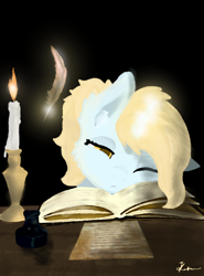 Size: 1080x1460 | Tagged: safe, artist:kotwitz, imported from derpibooru, oc, oc only, oc:aria taitava, pony, unicorn, bedroom eyes, book, candle, fluffy, inkwell, magic, night, quill, sleeping, solo, studying