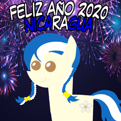 Size: 960x960 | Tagged: safe, artist:archooves, imported from derpibooru, oc, oc only, oc:anagua, earth pony, pony, 2020, braid, female, fireworks, happy new year, holiday, mare, nation ponies, nicaragua, pointy ponies, ponified, smiling, solo, spanish