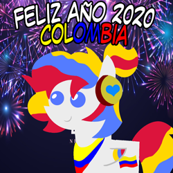 Size: 960x960 | Tagged: safe, artist:archooves, imported from derpibooru, oc, oc only, oc:camila, pegasus, pony, 2020, colombia, female, fireworks, happy new year, holiday, mare, nation ponies, pointy ponies, ponified, smiling, solo, spanish