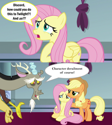 Size: 2000x2246 | Tagged: safe, edit, edited screencap, imported from derpibooru, screencap, applejack, discord, fluttershy, draconequus, earth pony, pegasus, pony, the ending of the end, 2 panel comic, angry, applejack's hat, caption, character derailment, comic, cowboy hat, crying, discord drama, discord tries to defend himself, exploitable meme, female, hat, image macro, male, mare, meme, screencap comic, series finale drama, sheepish grin, speech bubble, text