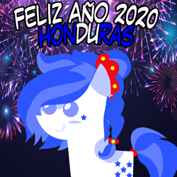 Size: 960x960 | Tagged: safe, artist:archooves, imported from derpibooru, oc, oc only, oc:honduras, earth pony, pony, 2020, female, fireworks, happy new year, holiday, honduras, mare, nation ponies, pointy ponies, ponified, smiling, solo, spanish