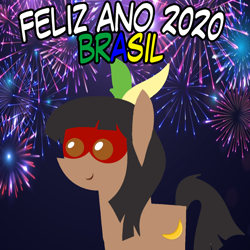 Size: 960x960 | Tagged: safe, artist:archooves, imported from derpibooru, oc, oc only, oc:kuruminha, earth pony, pony, 2020, brazil, female, fireworks, happy new year, holiday, indigenous brazilian, mare, nation ponies, pointy ponies, ponified, smiling, solo, spanish