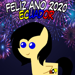 Size: 960x960 | Tagged: safe, artist:archooves, imported from derpibooru, oc, oc only, oc:middle sensitive, pegasus, pony, 2020, ecuador, female, fireworks, happy new year, holiday, mare, nation ponies, pointy ponies, ponified, smiling, solo, spanish