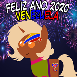 Size: 960x960 | Tagged: safe, artist:archooves, imported from derpibooru, oc, oc only, oc:nucita, pony, unicorn, 2020, female, fireworks, happy new year, holiday, mare, nation ponies, pointy ponies, ponified, smiling, solo, spanish, venezuela