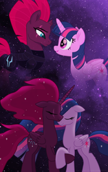 Size: 2826x4500 | Tagged: safe, artist:ejlightning007arts, imported from derpibooru, tempest shadow, twilight sparkle, alicorn, pony, my little pony: the movie, the last problem, alicornified, armor, eye scar, eyes closed, female, holding hooves, horn, lesbian, older, princess tempest shadow, princess twilight 2.0, race swap, scar, shipping, stars, tempest gets her horn back, tempestlight, then and now, twilight sparkle (alicorn), wavy mane, younger