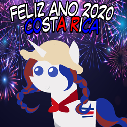 Size: 960x960 | Tagged: safe, artist:archooves, imported from derpibooru, oc, oc only, oc:panchita, pony, unicorn, 2020, braid, costa rica, female, fireworks, happy new year, hat, holiday, mare, nation ponies, pointy ponies, ponified, smiling, solo, spanish