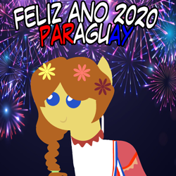 Size: 960x960 | Tagged: safe, artist:archooves, imported from derpibooru, oc, oc only, earth pony, pony, 2020, clothes, female, fireworks, flower, flower in hair, happy new year, holiday, mare, nation ponies, paraguay, pointy ponies, ponified, smiling, solo, spanish