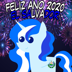 Size: 960x960 | Tagged: safe, artist:archooves, imported from derpibooru, oc, oc only, oc:princess el salvador, alicorn, pony, 2020, alicorn oc, el salvador, female, fireworks, happy new year, holiday, horn, mare, nation ponies, pointy ponies, ponified, smiling, solo, spanish