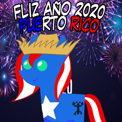 Size: 960x960 | Tagged: safe, artist:archooves, imported from derpibooru, oc, oc only, oc:taina, earth pony, pony, 2020, female, fireworks, happy new year, hat, holiday, mare, nation ponies, pointy ponies, ponified, puerto rico, smiling, solo, spanish