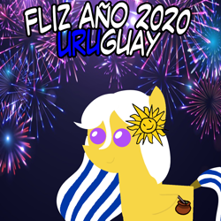 Size: 960x960 | Tagged: safe, artist:archooves, imported from derpibooru, oc, oc only, pegasus, pony, 2020, female, fireworks, happy new year, holiday, mare, nation ponies, pointy ponies, ponified, smiling, solo, spanish, uruguay