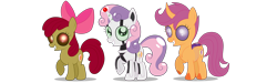 Size: 10000x3000 | Tagged: safe, artist:squipycheetah, imported from derpibooru, apple bloom, scootaloo, sweetie belle, changedling, changeling, changepony, earth pony, ghoul, hybrid, pegasus, pony, robot, robot pony, undead, unicorn, zombie, zombie pony, fanfic:undead robot bug crusaders, story of the blanks, alternate cutie mark, blanked apple bloom, changedlingified, changelingified, cute, cutie mark, cutie mark crusaders, female, filly, happy, race swap, raised hoof, scootaling, simple background, smiling, species swap, sweetie bot, the cmc's cutie marks, transparent background, trio