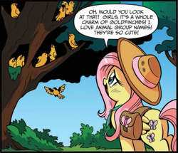 Size: 671x577 | Tagged: safe, artist:brendahickey, idw, imported from derpibooru, fluttershy, bird, pegasus, pony, spoiler:comic, spoiler:comic24, animal, butt, cropped, female, flock, flying, goldfinch, hat, mare, official comic, plot, saddle bag, speech bubble, tree