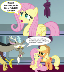 Size: 2000x2246 | Tagged: safe, edit, edited screencap, imported from derpibooru, screencap, applejack, discord, fluttershy, draconequus, earth pony, pegasus, pony, the ending of the end, angry, applejack's hat, caption, comic, cowboy hat, discord tries to defend himself, exploitable meme, female, hat, image macro, implied twilight sparkle, male, mare, meme, sad, screencap comic, teary eyes, text