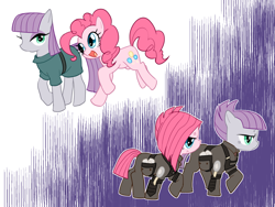 Size: 1024x768 | Tagged: safe, artist:mituuuuya, imported from derpibooru, maud pie, pinkie pie, earth pony, pony, the cutie re-mark, alternate timeline, apinkalypse pie, apocalypse maud, crystal war timeline, duality, duo, female, mare, open mouth, pinkamena diane pie, profile, siblings, sisters