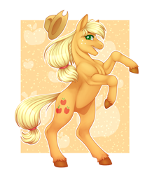 Size: 2600x3000 | Tagged: safe, artist:mittz-the-trash-lord, artist:theanthropony, imported from derpibooru, applejack, earth pony, pony, abstract background, apple, colored pupils, cute, female, food, high res, jackabetes, looking at you, mare, open mouth, profile, rearing, redraw, solo, unshorn fetlocks