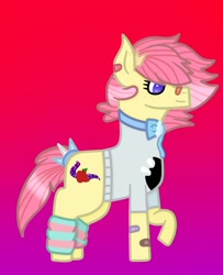 Size: 1000x1232 | Tagged: safe, artist:lightningbolt39, imported from derpibooru, oc, oc only, oc:shiny apple (ice1517), earth pony, pony, bandaid, bandaid on nose, blouse, bowtie, clothes swap, female, freckles, gradient background, leg warmers, mare, raised hoof, solo, tail wrap