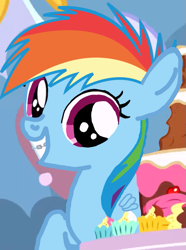 Size: 549x738 | Tagged: safe, edit, edited screencap, imported from derpibooru, screencap, rainbow dash, pegasus, pony, pinkie pride, braces, cake, cropped, cute, dashabetes, female, filly, filly rainbow dash, food, manip, solo, younger