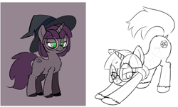 Size: 1299x787 | Tagged: safe, artist:anonymous, imported from derpibooru, oc, oc only, pony, unicorn, /mlp/, 4chan, drawthread, face down ass up, flagging, glasses, hat, iwtcird, lineart, meme, sketch, solo, structure lines, unshorn fetlocks, witch hat