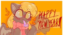 Size: 3000x1688 | Tagged: safe, artist:dino_horse, imported from derpibooru, derpy hooves, pegasus, pony, blushing, bust, cheek fluff, chest fluff, clothes, cute, derpabetes, eye clipping through hair, female, happy new year, holiday, mare, new year, no pupils, orange background, party horn, portrait, scarf, simple background, solo