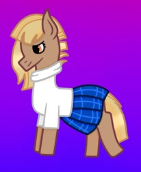 Size: 872x1056 | Tagged: safe, artist:lightningbolt39, imported from derpibooru, oc, oc only, oc:patty (ice1517), earth pony, pony, clothes, clothes swap, female, gradient background, mare, plaid skirt, pleated skirt, skirt, solo, sweater